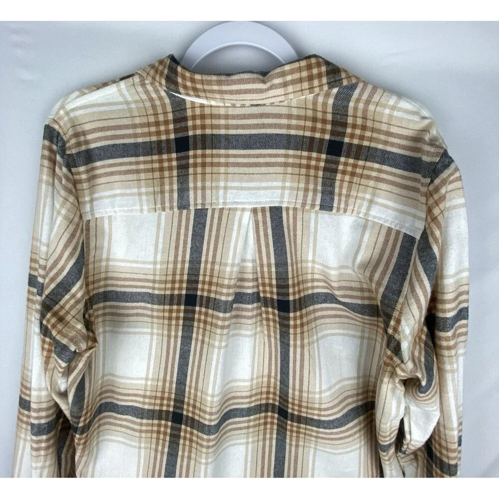 Old Navy Shirt Women LT Cream‎ Plaid Flannel Button Up Classic Fit 100% Cotton